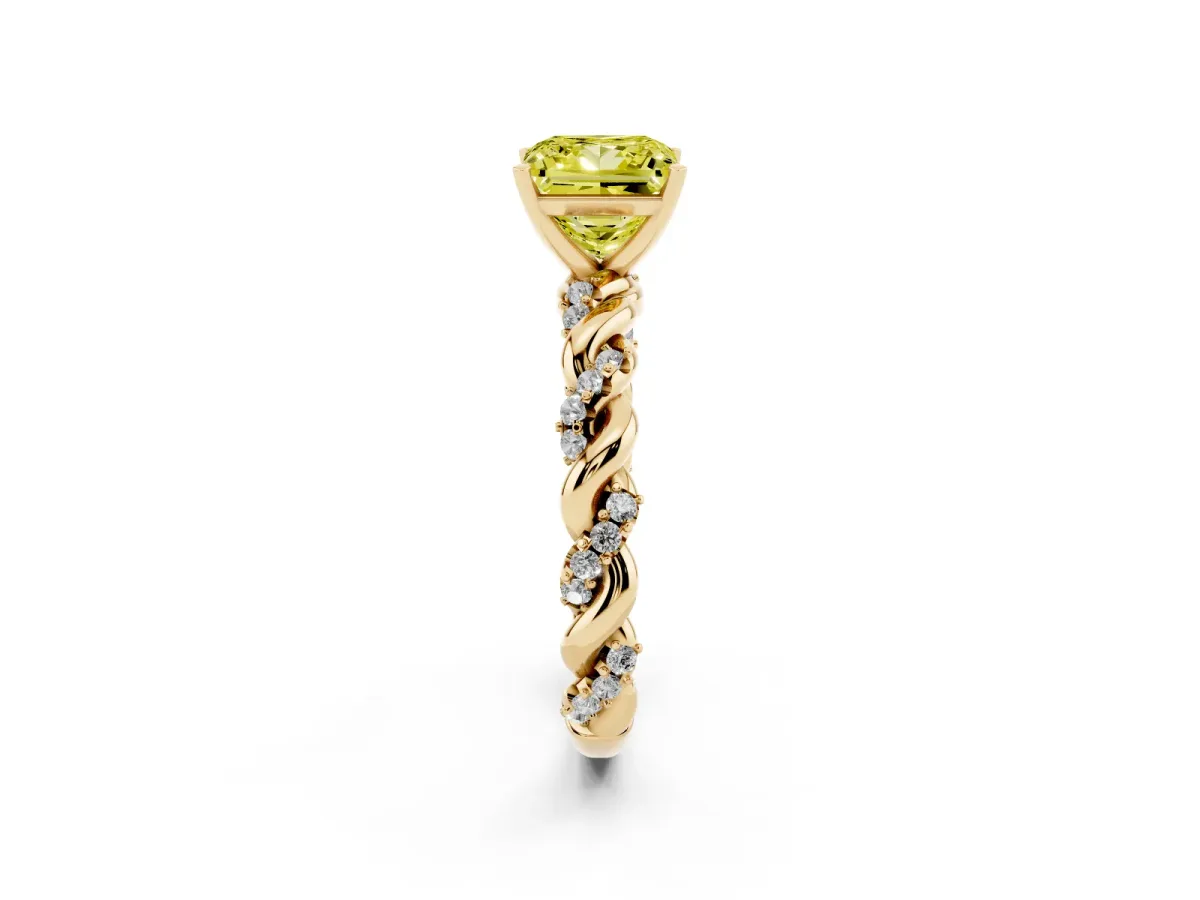Fancy Yellow Princess Cut Diamond Solitaire Ring with Twisted Band and Pavé Accents Yellow gold