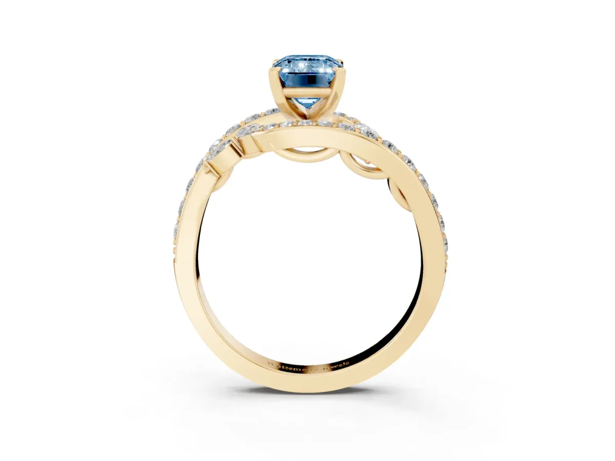 Fancy Blue Emerald Cut Solitaire with Pavé Twist Band and Four-Prong Setting Yellow gold