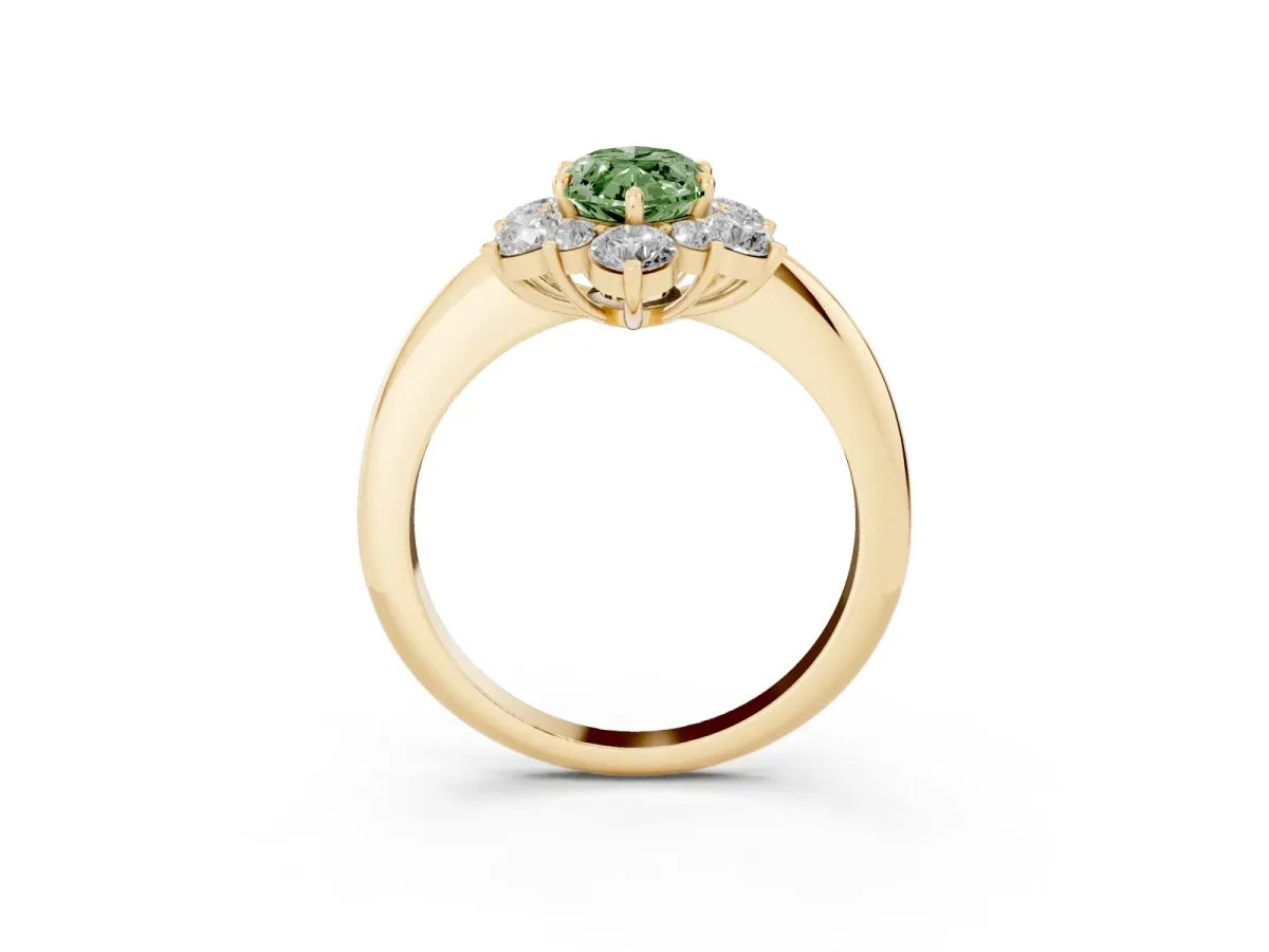 Fancy Green Marquise Cut Diamond Cluster Halo Ring with Solitaire Band and Four-Prong Setting Yellow gold