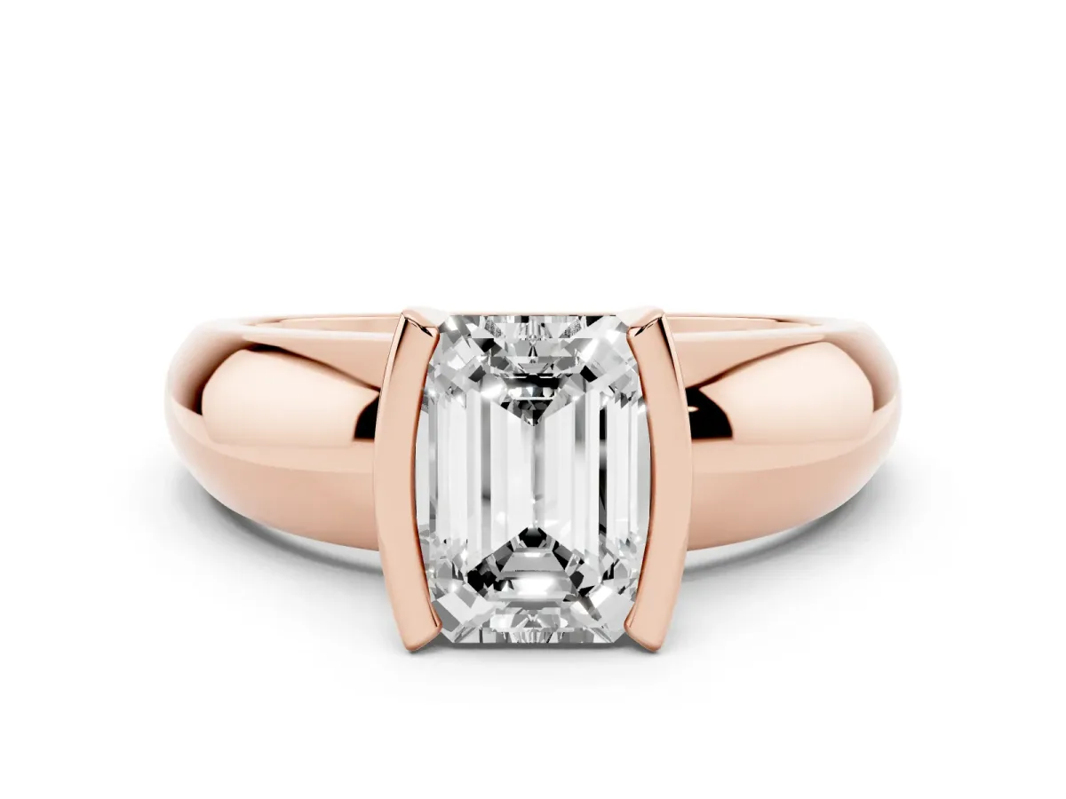 Emerald Cut Solitaire Tension Set Diamond Ring with Wide Band Rose gold