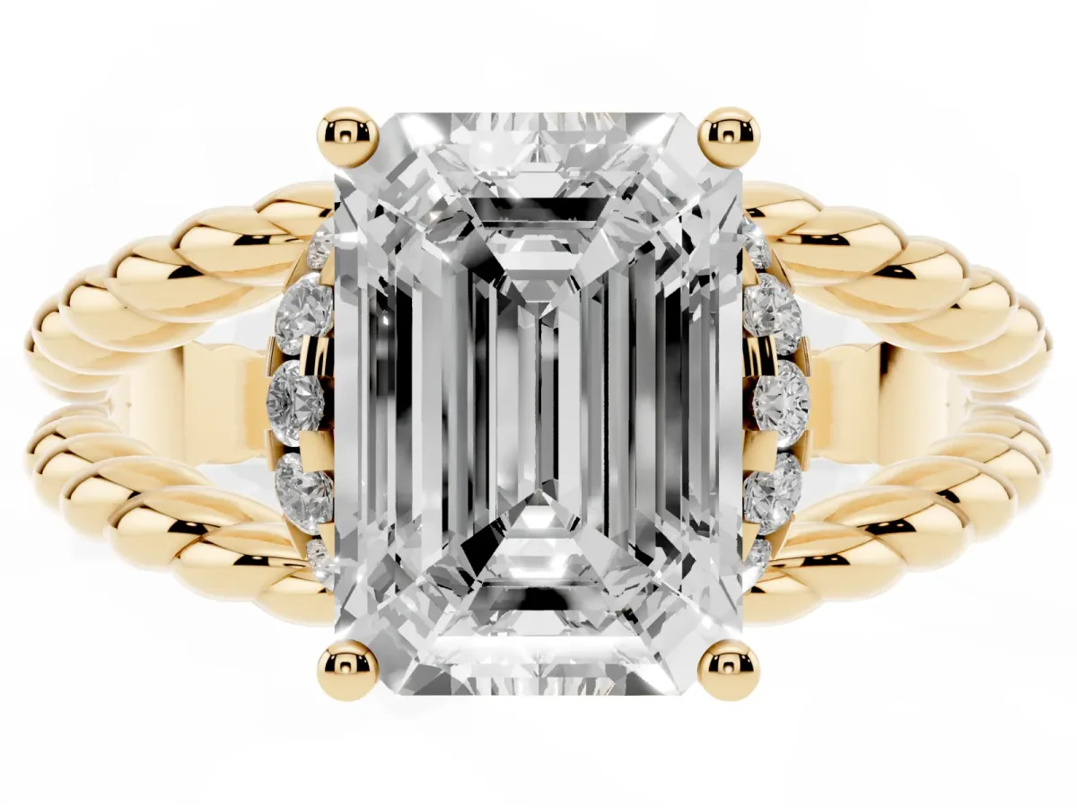 Emerald Cut Halo Twisted Band Four-Prong Ring Yellow gold