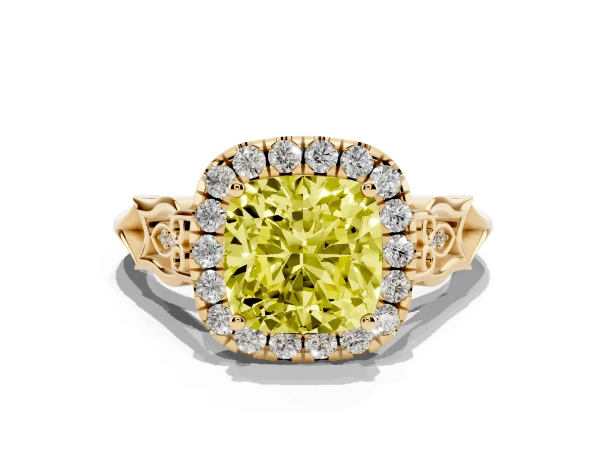 Fancy Yellow Cushion Cut Halo Diamond Engagement Ring with Filigree Band and Four-Prong Setting Yellow gold