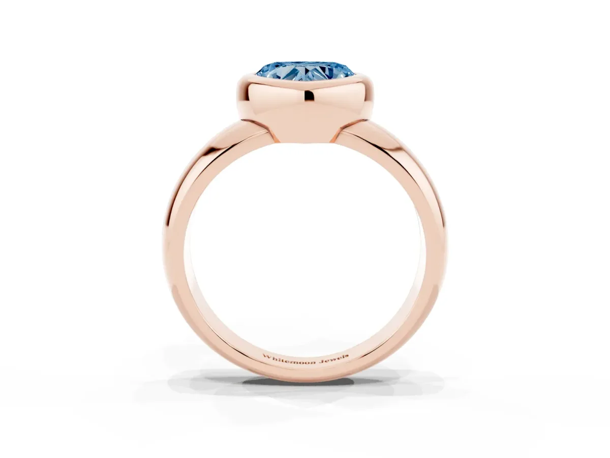 Fancy Blue Bezel Set Heart Cut Solitaire Ring with Wide Band Rose gold