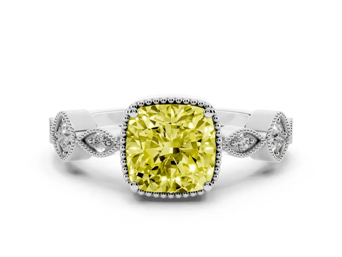 Fancy Yellow Cushion Cut Diamond Vintage Milgrain Ring with Round Stations Silver