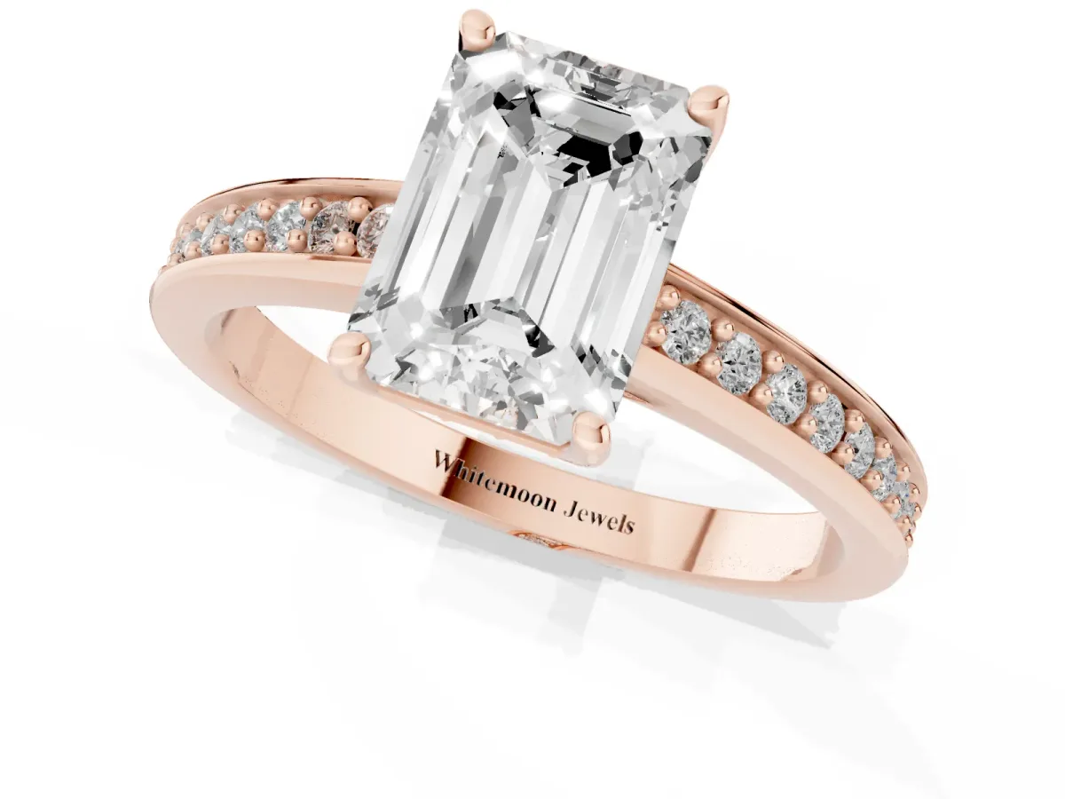 Emerald Cut Solitaire Pavé Band Prong Setting Ring Rose gold