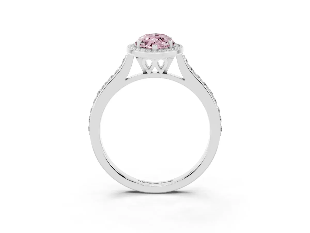 Fancy Pink Marquise Cut Diamond Halo Engagement Ring with Round Pavé Shoulders and Prong Setting Silver