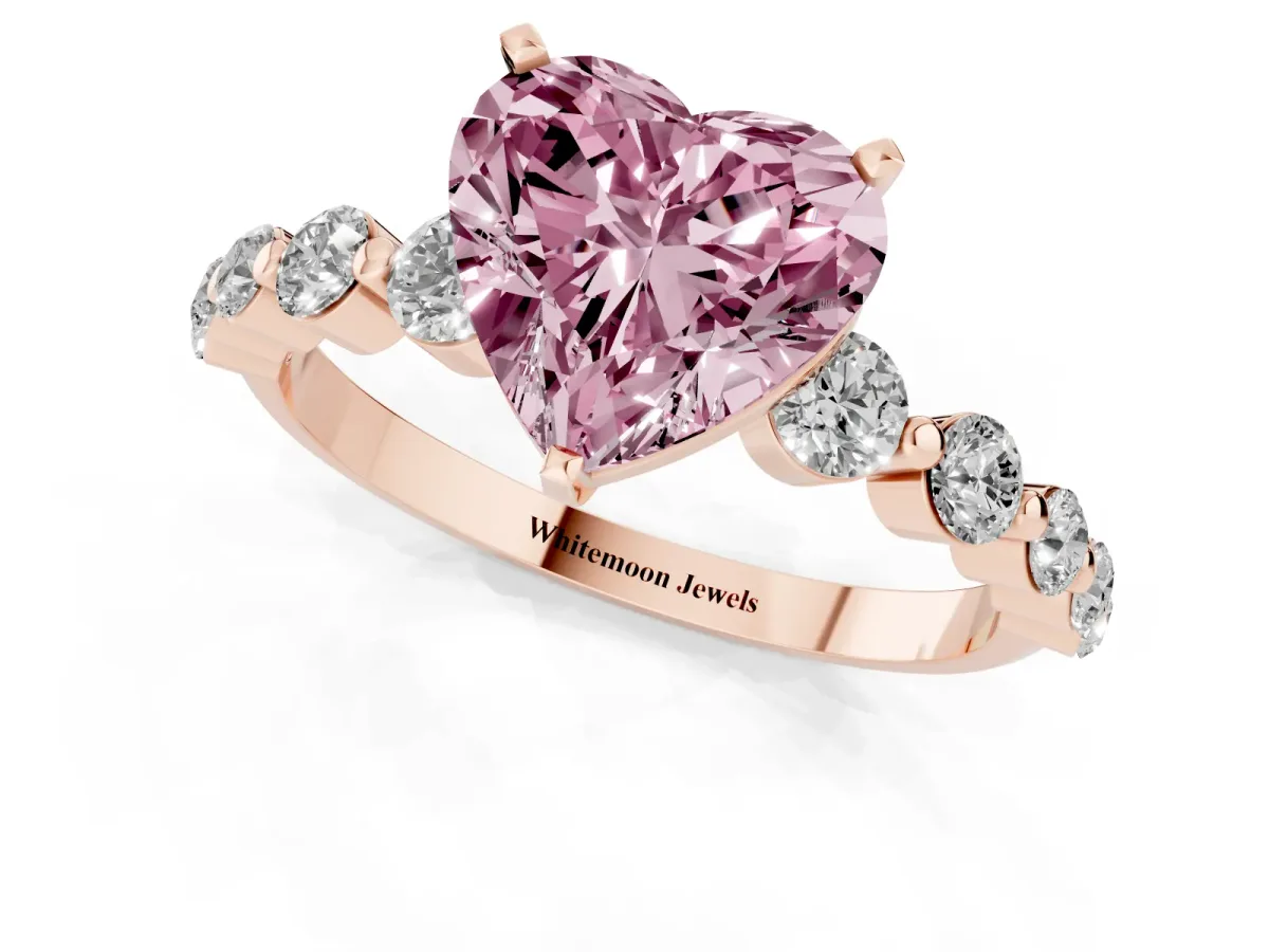 Fancy Pink Heart Cut Solitaire Diamond Ring with Pave Band and Four-Prong Setting Rose gold