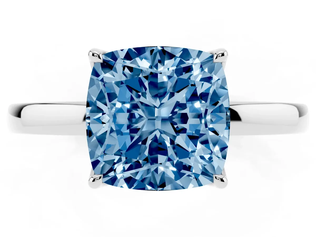 Fancy Blue Cushion Cut Diamond Solitaire Ring with Thin Band and Prong Setting Platinum
