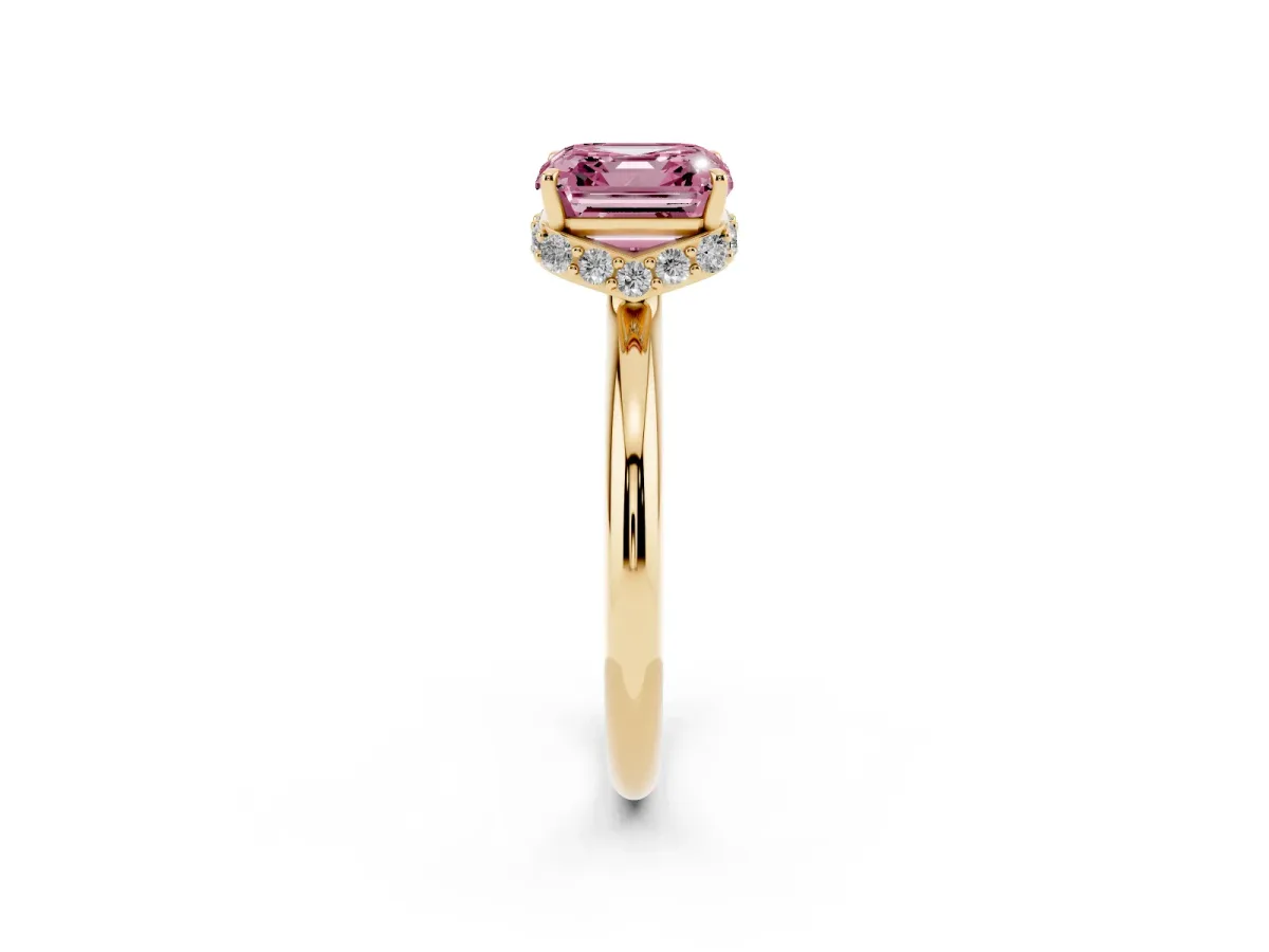 Fancy Pink Asscher Cut Brilliant Solitaire Engagement Ring with Six-Prong Setting and Classic Band Yellow gold