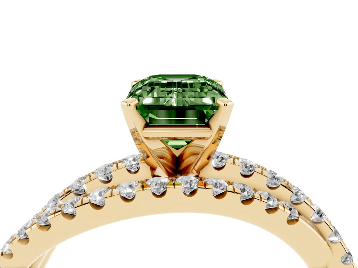 Fancy Green Emerald Cut Solitaire Twist Band with Pavé Setting and Four-Prong Setting Yellow gold