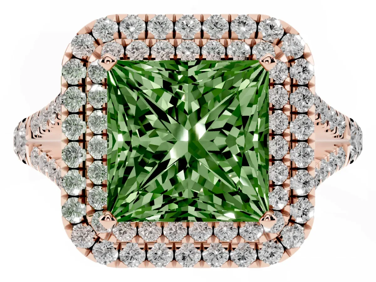 Fancy Green Double Halo Princess Cut Diamond Split Shank Engagement Ring with Four-Prong Setting Rose gold