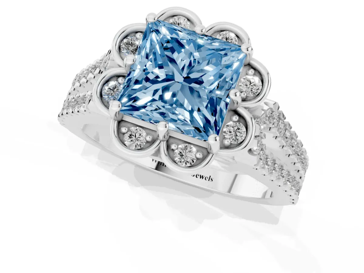 Fancy Blue Princess Cut Halo Diamond Floral Split Shank Engagement Ring Silver