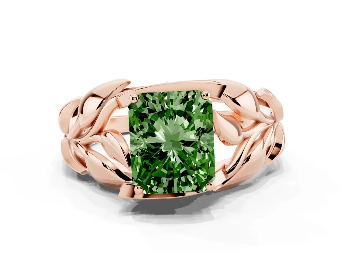 Fancy Green Radiant Cut Diamond Leaf-Inspired Engagement Ring with Round Accents and Prong Setting Rose gold