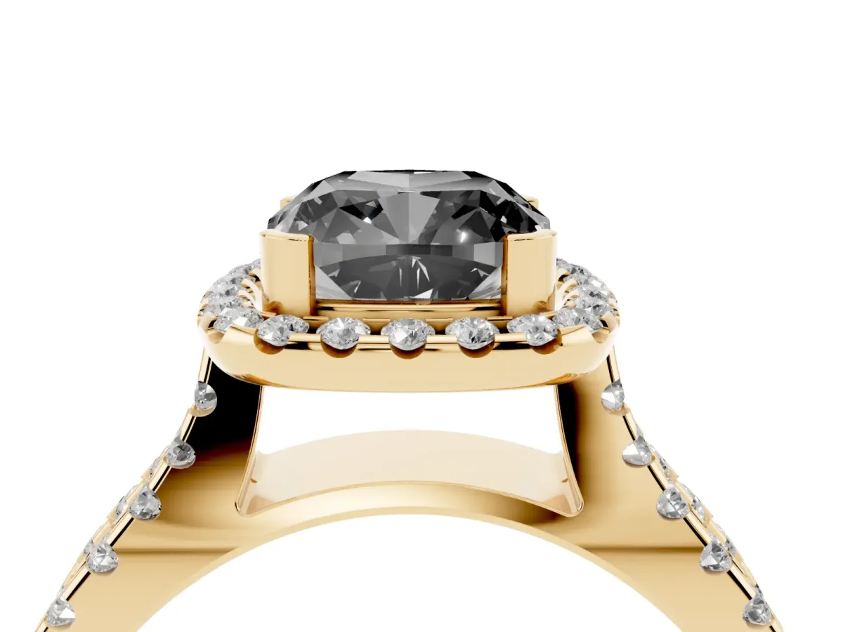 Fancy Black Cushion Cut Diamond Halo Ring with Split Shank Pavé Band and Prong Setting Yellow gold