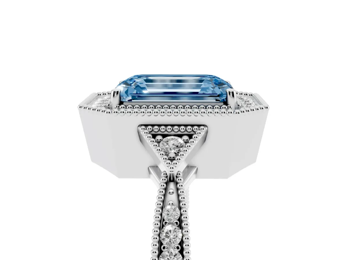 Fancy Blue Emerald Cut Halo Round Diamond Milgrain Pave Engagement Ring Silver