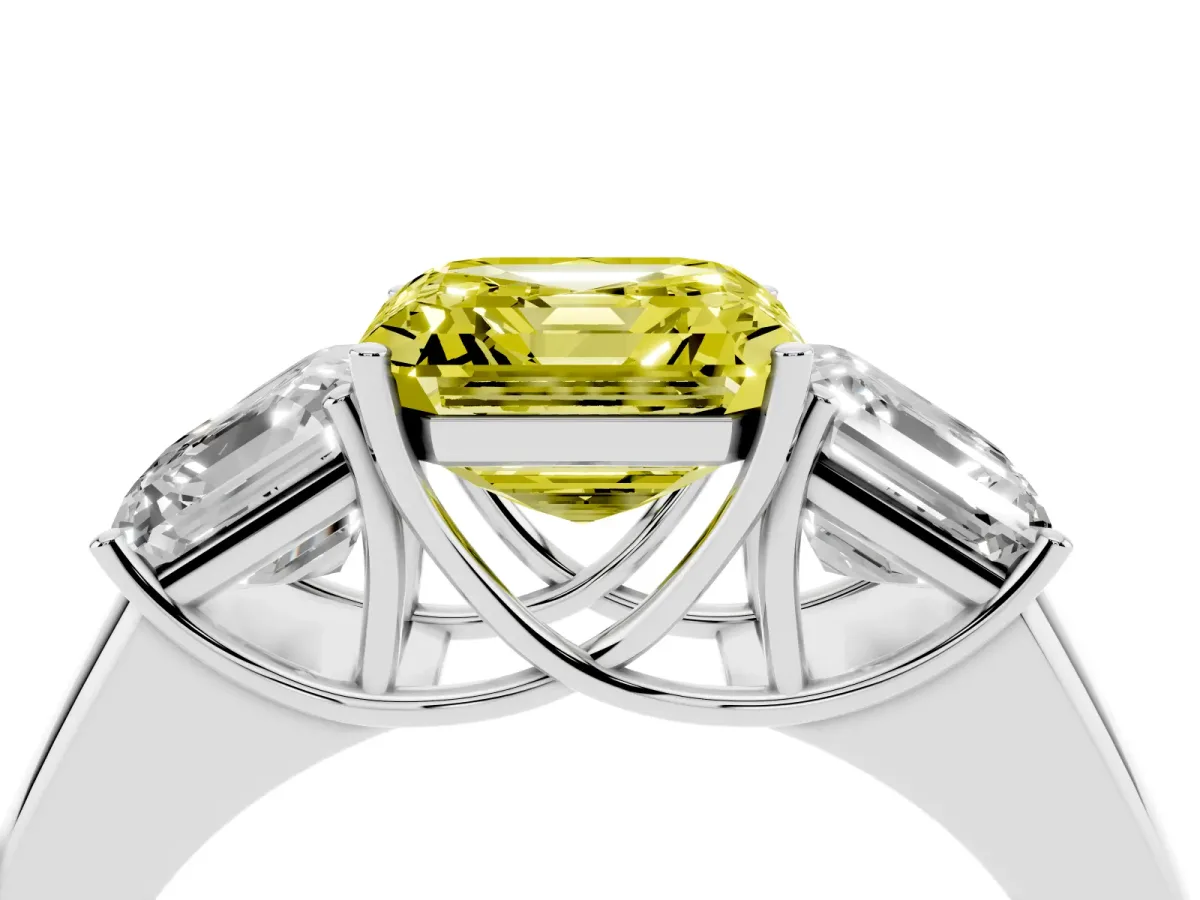 Fancy Yellow Three-Stone Asscher Cut Cut Diamond Ring with Prong Setting and Classic Band Silver