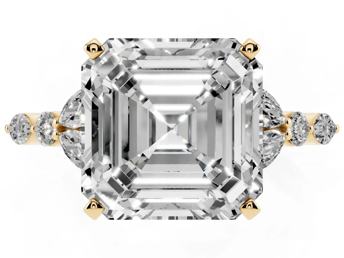 Asscher Cut Diamond Solitaire Ring with Side Stones and Four-Prong Setting Yellow gold