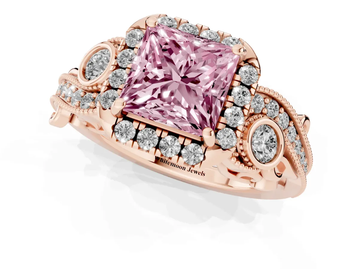 Fancy Pink Princess Cut Diamond Halo Ring with Milgrain Pavé Band and Four-Prong Setting Rose gold