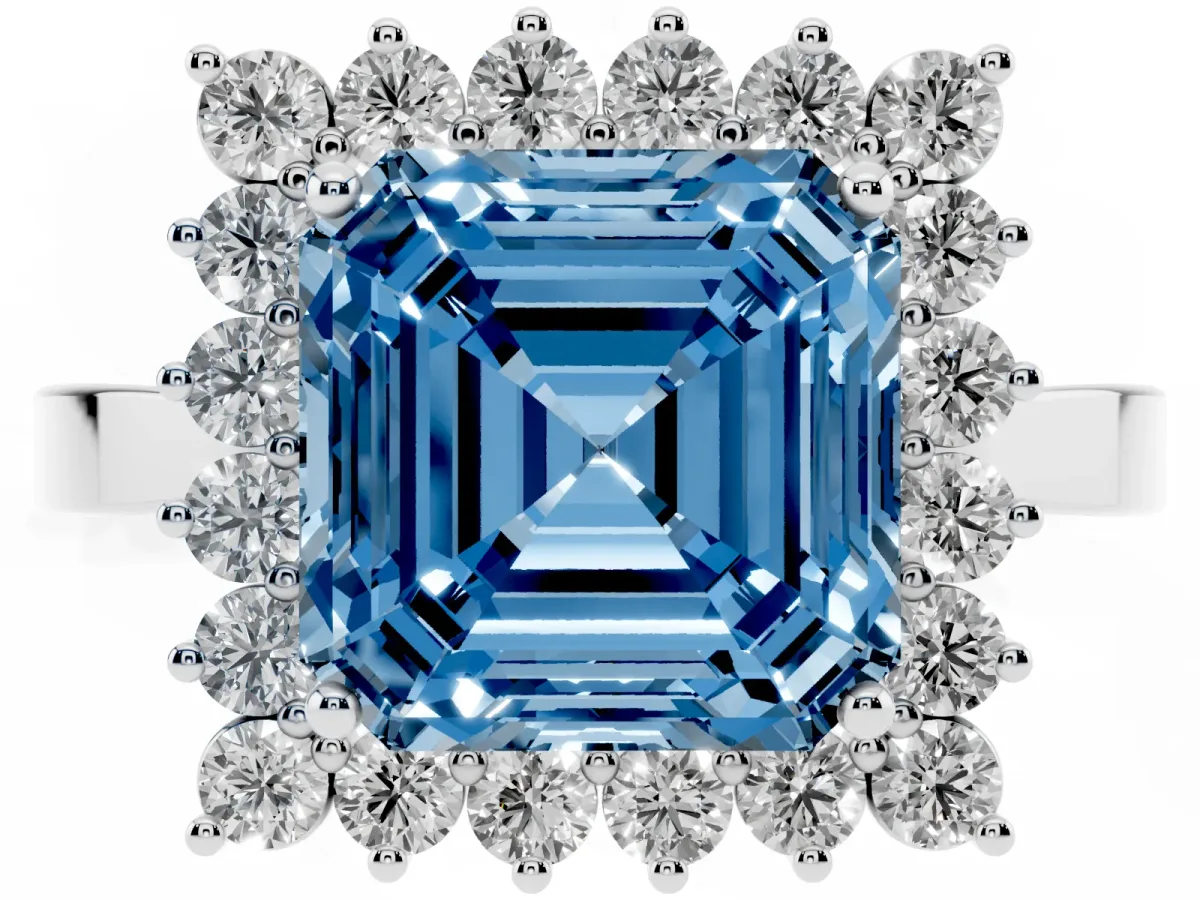 Fancy Blue Asscher Cut Cut Diamond Halo Ring with Round Brilliant Halo and Solitaire Band Platinum