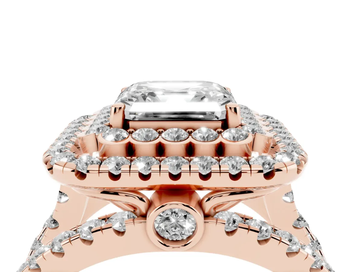 Asscher Cut Diamond Double Halo Ring with Round Pavé Split Shank and Prong Setting Rose gold