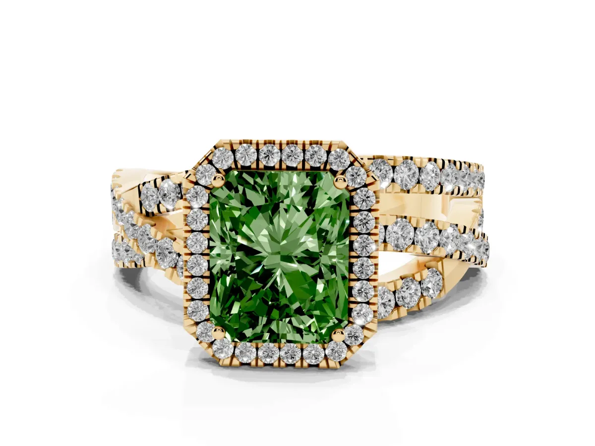 Fancy Green Radiant Cut Diamond Halo Ring with Round Split Shank and Prong Setting Yellow gold