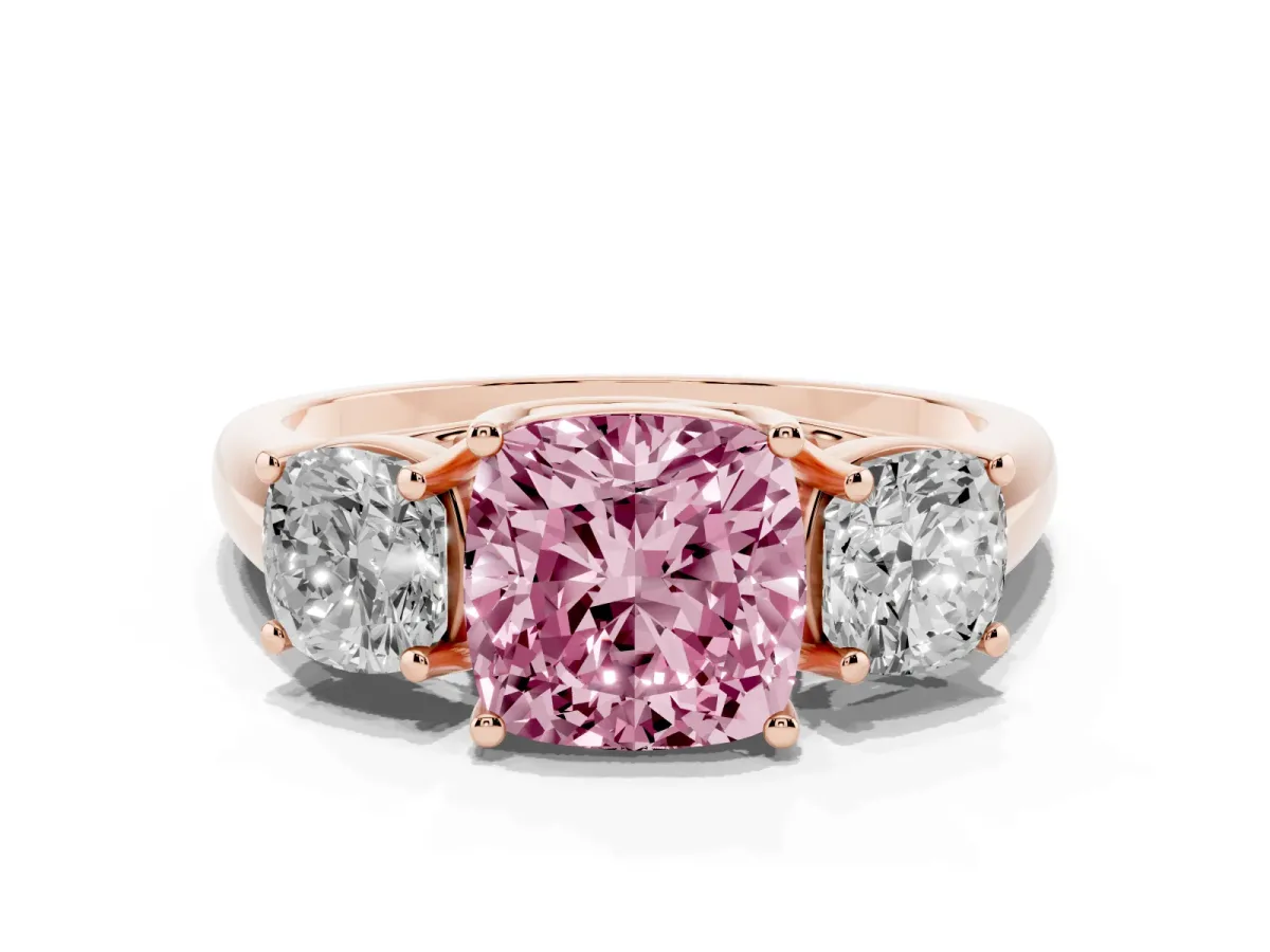 Fancy Pink Three-Stone Cushion Cut Diamond Engagement Ring with Prong Setting Rose gold