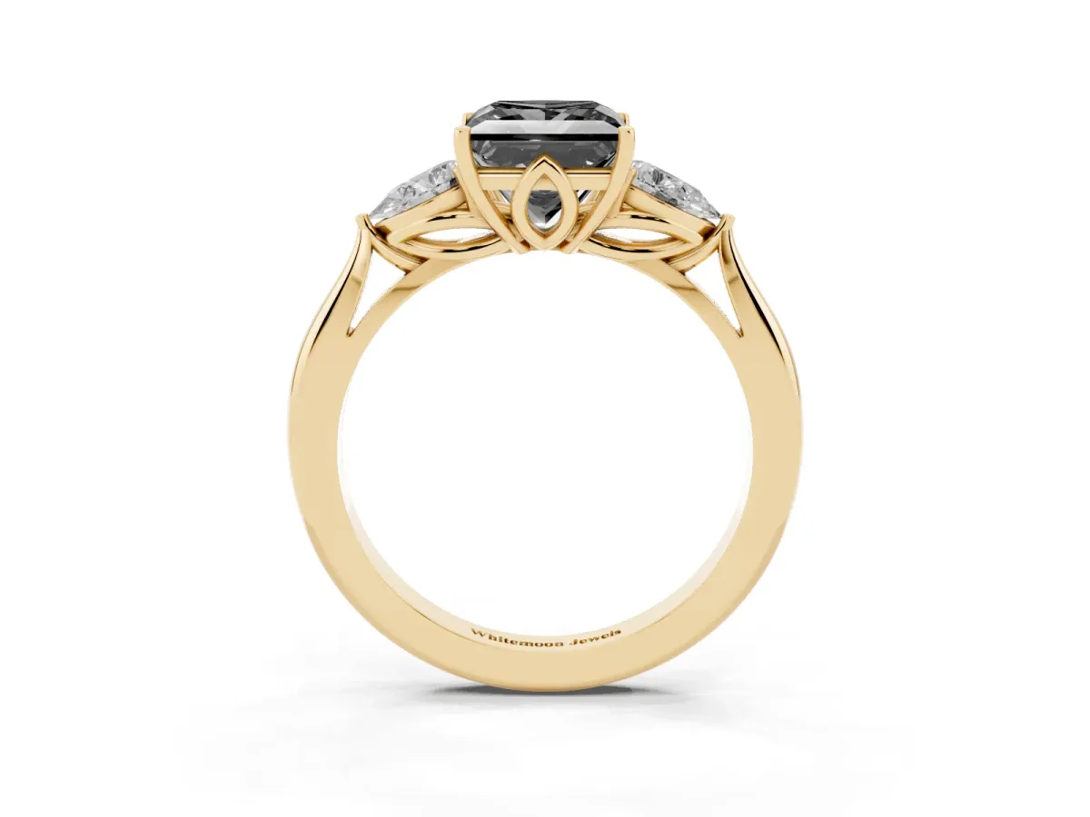 Fancy Black Princess Cut Diamond Three-Stone Ring with Pear Side Stones and Prong Setting Yellow gold