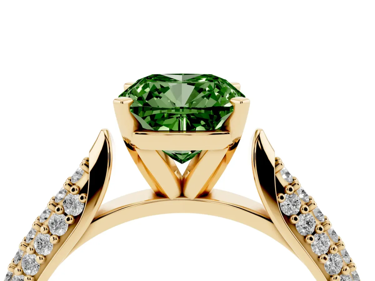 Fancy Green Cushion Cut Diamond Solitaire Engagement Ring with Multi-Row Round Pavé Band and Prong Setting Yellow gold