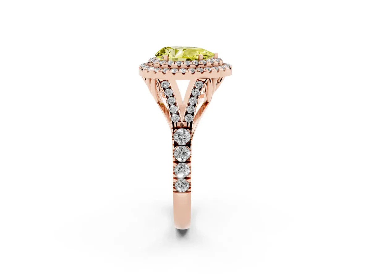 Fancy Yellow Pear Cut Cut Double Halo Split Shank Diamond Ring with Prong Setting Rose gold