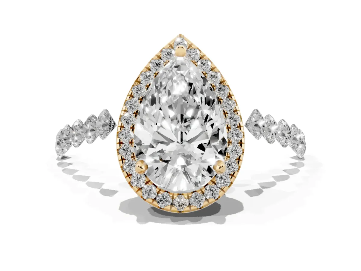 Pear Cut Halo Pavé Diamond Engagement Ring with Four-Prong Setting Yellow gold