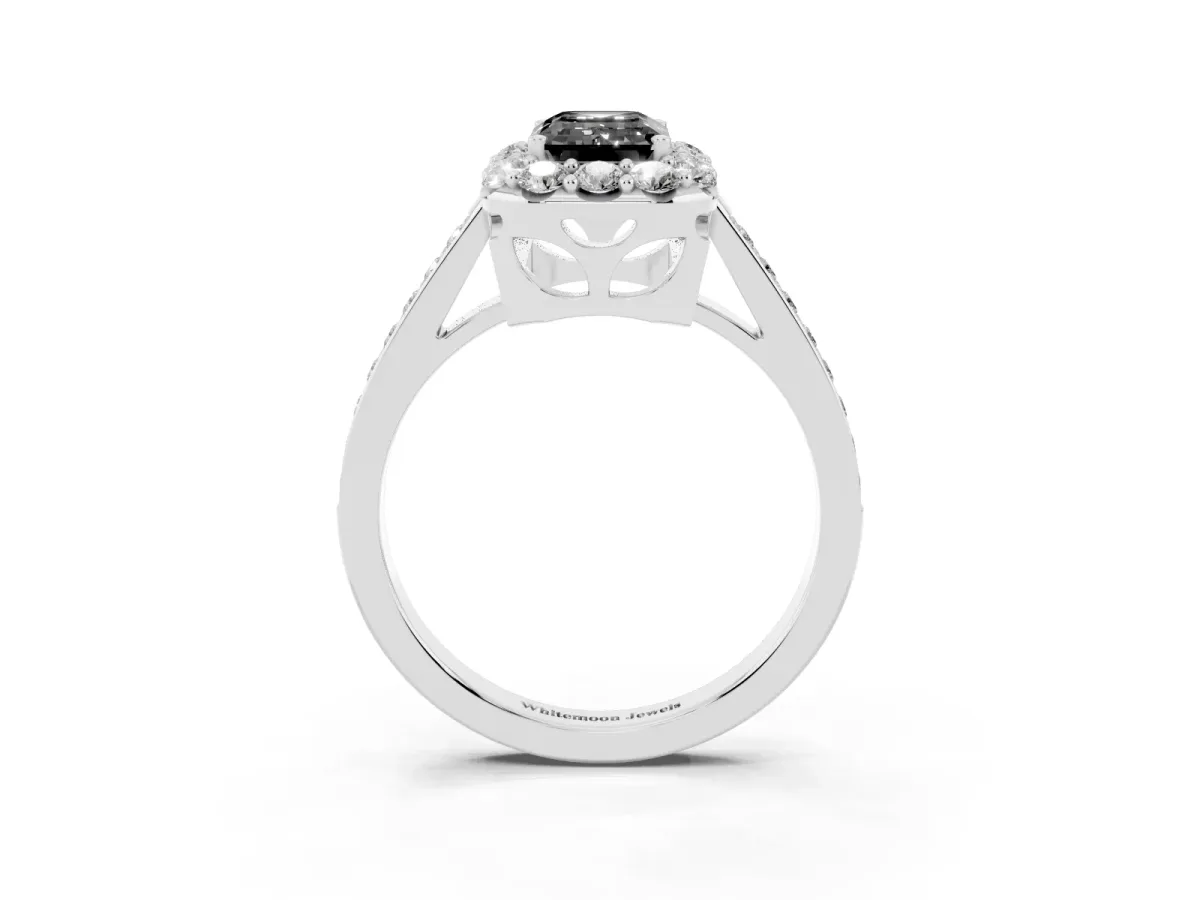 Fancy Black Emerald Cut Diamond Floral Halo Ring with Pavé Band and Prong Setting White gold