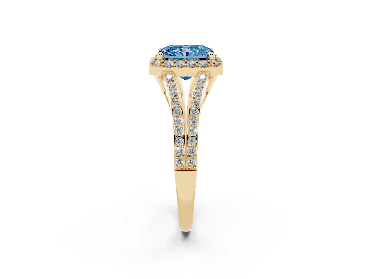 Fancy Blue Radiant Cut Halo Split Shank Diamond Ring with Prong Setting Yellow gold
