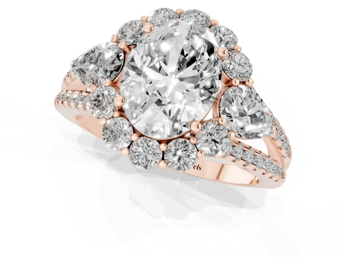 Oval Cut Halo Split Shank Diamond Engagement Ring with Prong Setting Rose gold