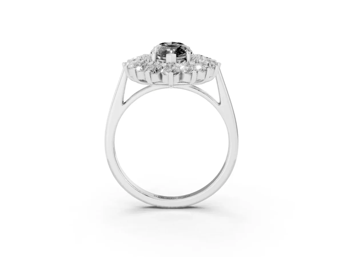 Fancy Black Marquise Cut Diamond Floral Double Halo Engagement Ring with Prong Setting Silver