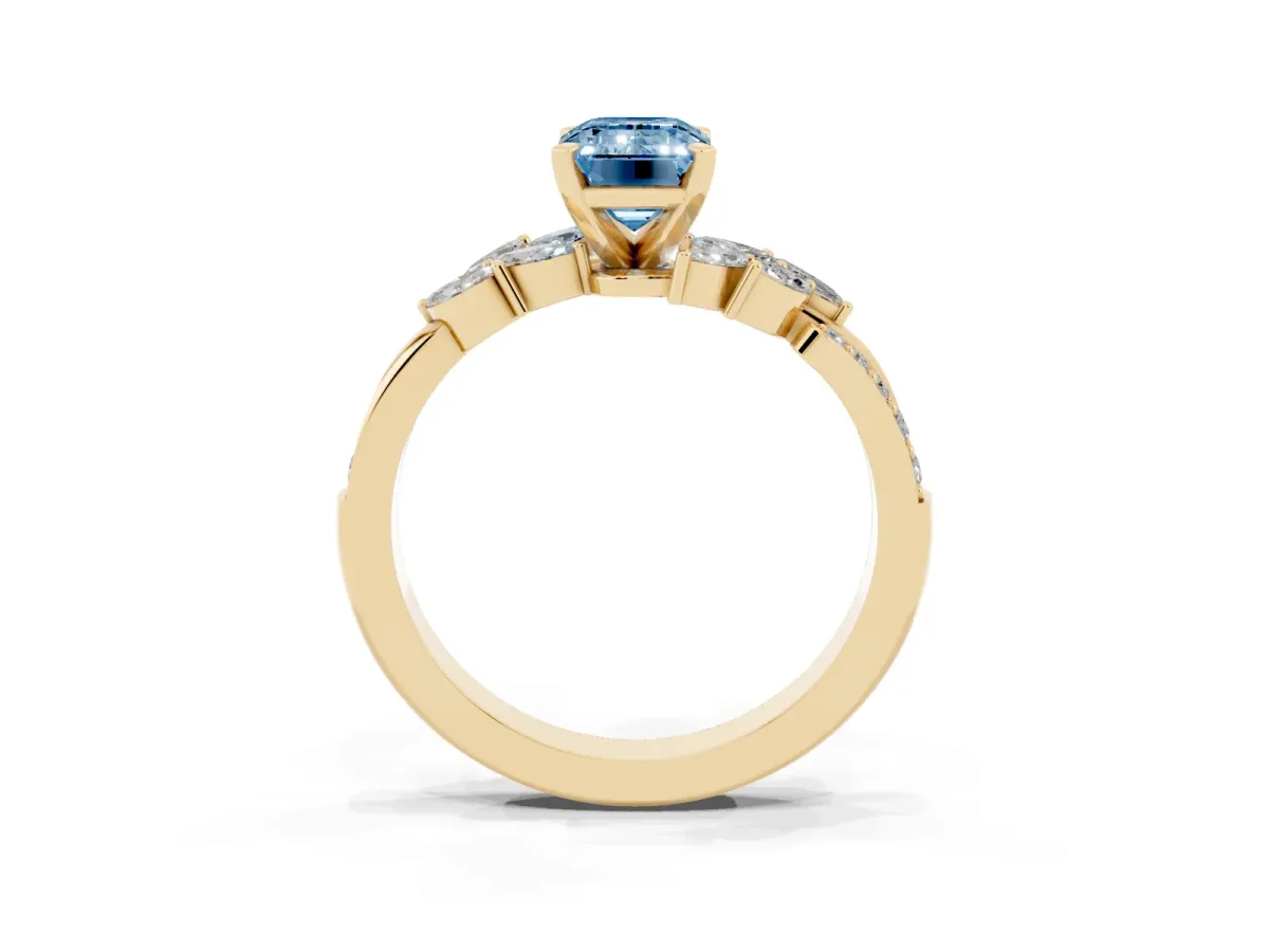 Fancy Blue Emerald Cut Solitaire Marquise Twist Band with Six-Prong Setting Yellow gold