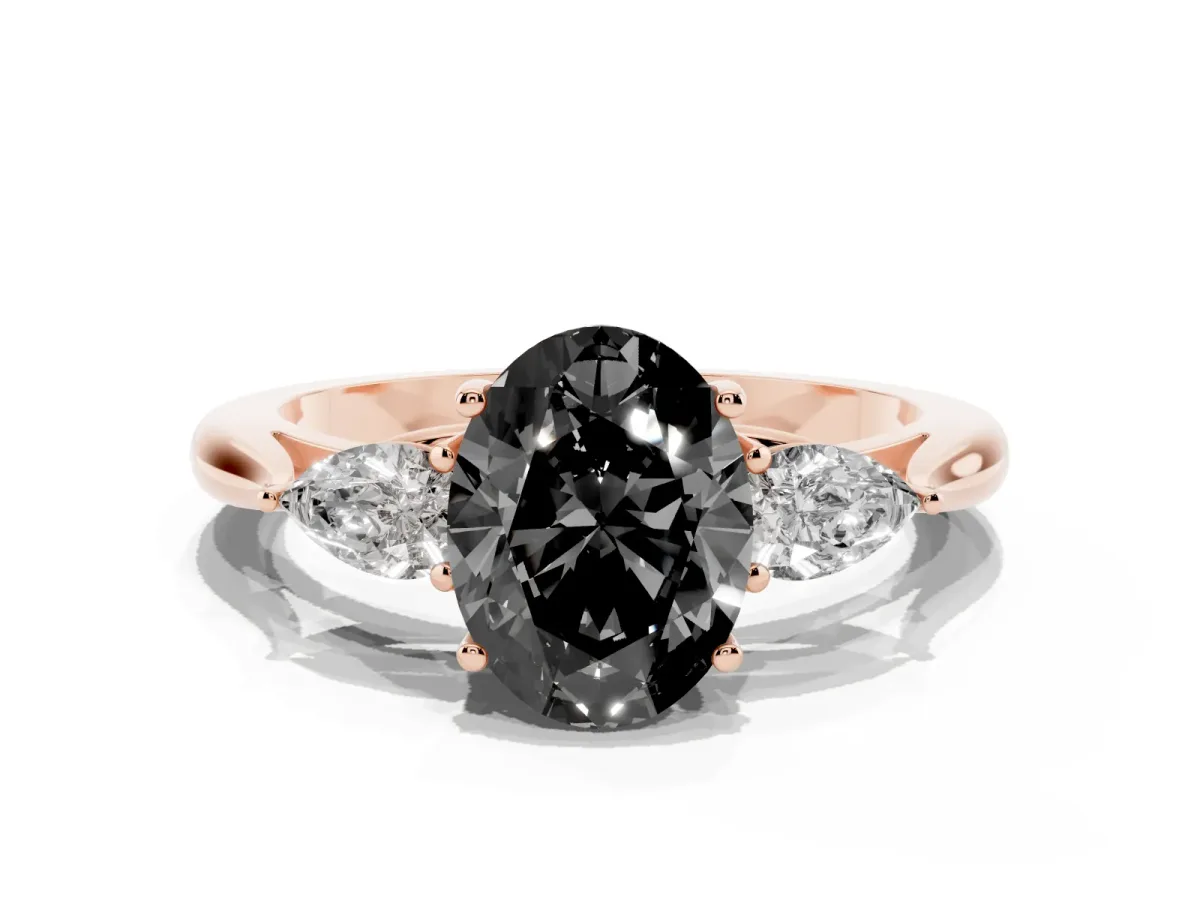 Fancy Black Three-Stone Oval Cut Brilliant Diamond Solitaire Ring with Tapered Band and Four-Prong Setting Rose gold