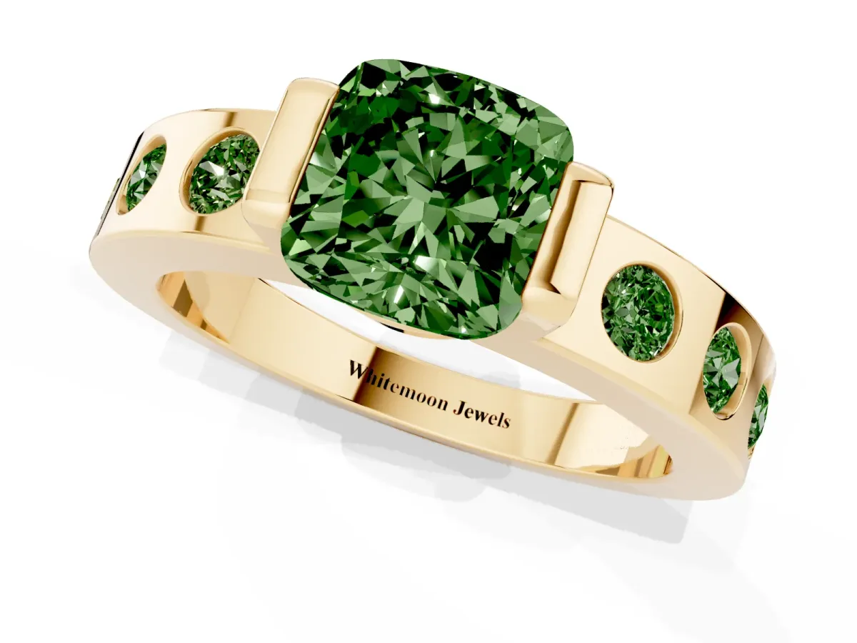 Fancy Green Cushion Cut Brilliant Channel-Set Diamond Ring with Bezel Prong Setting Yellow gold