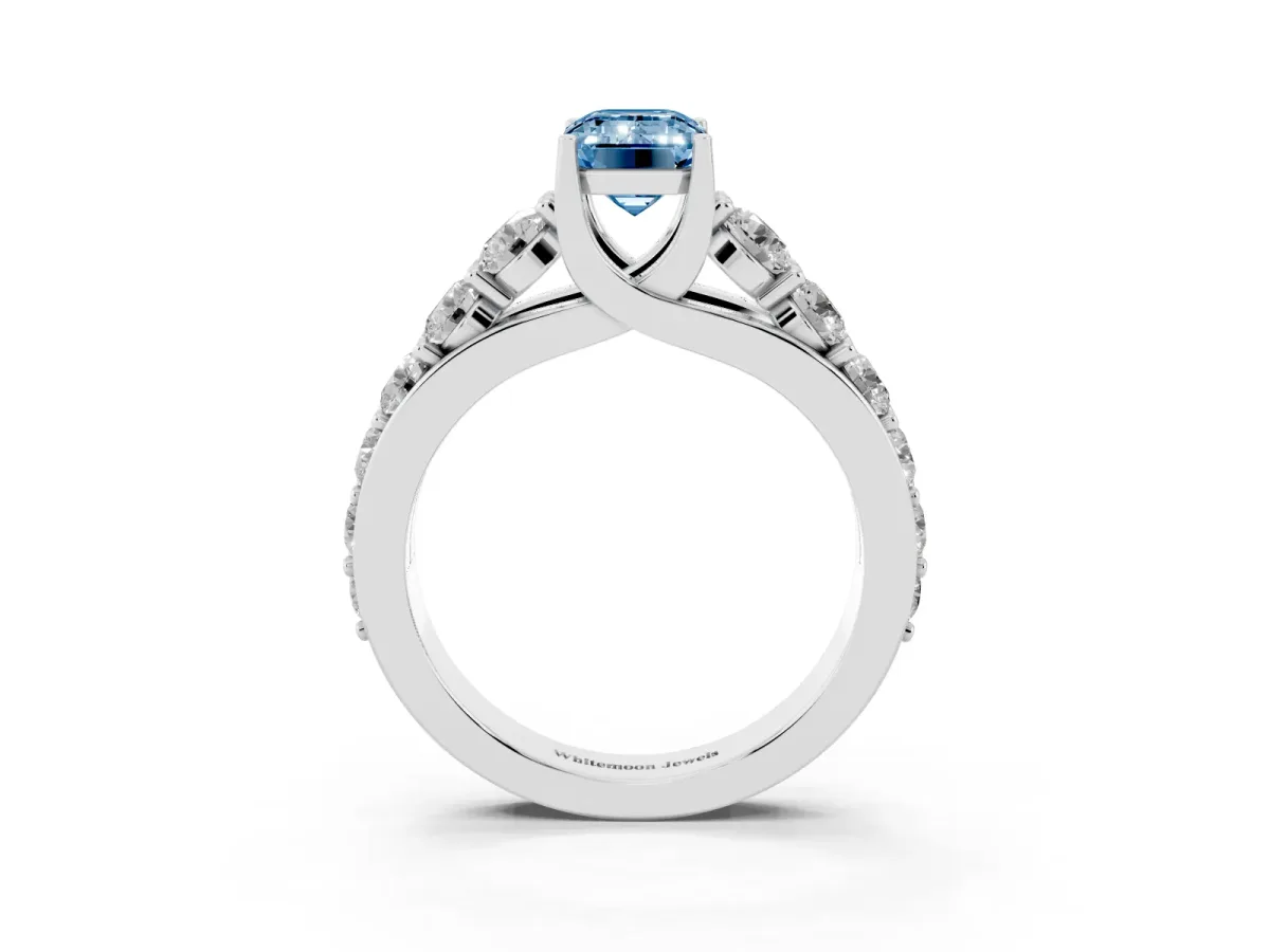 Fancy Blue Emerald Cut Diamond Engagement Ring with Pavé Band and Four-Prong Setting Silver