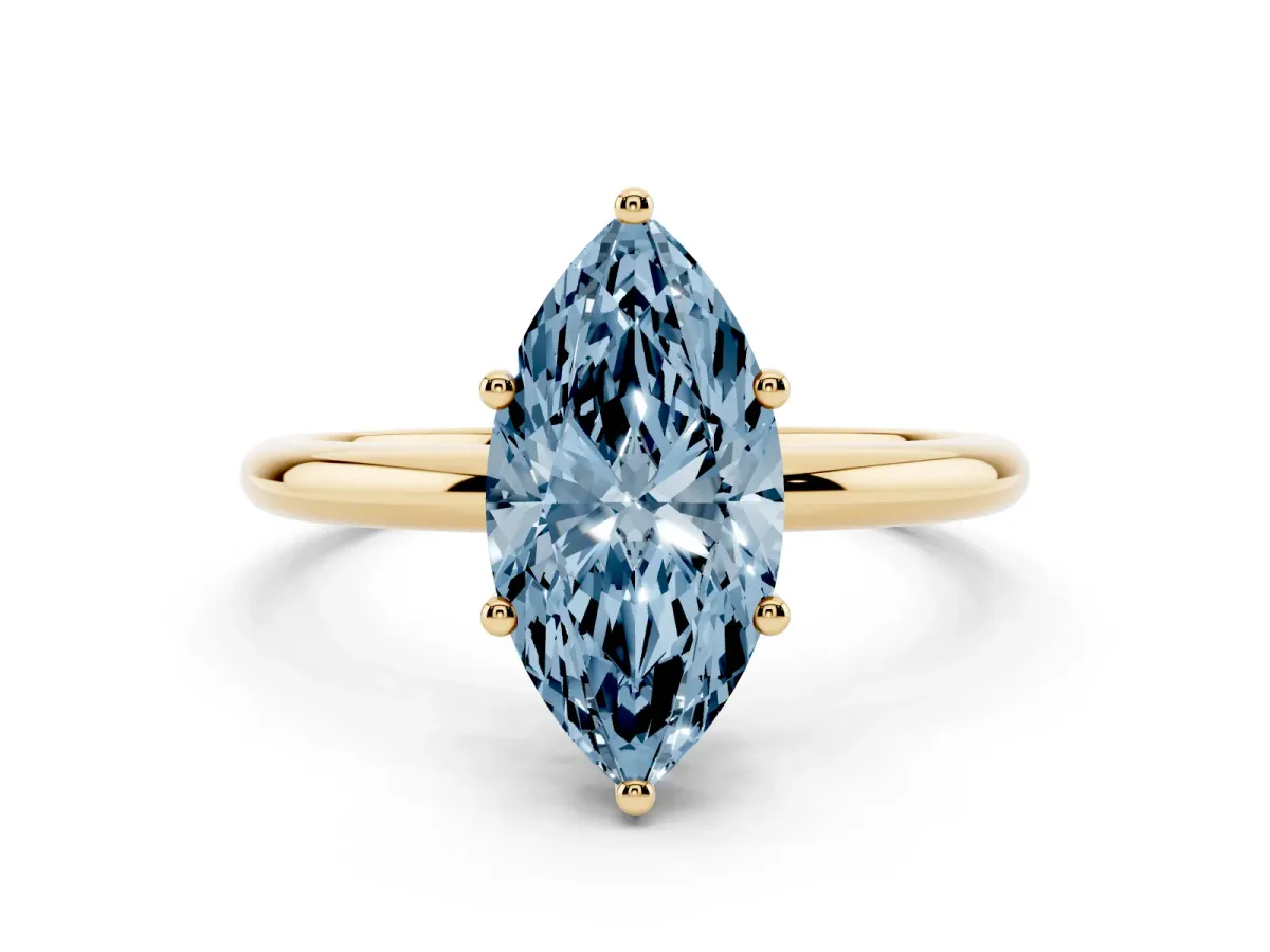 Fancy Blue Marquise Cut Cut Solitaire Engagement Ring with Four-Prong Setting and Classic Band Yellow gold