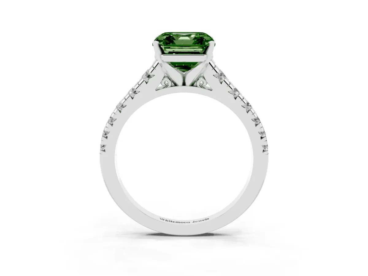 Fancy Green Asscher Cut Diamond Cathedral Solitaire Ring with Round Pavé Band Silver