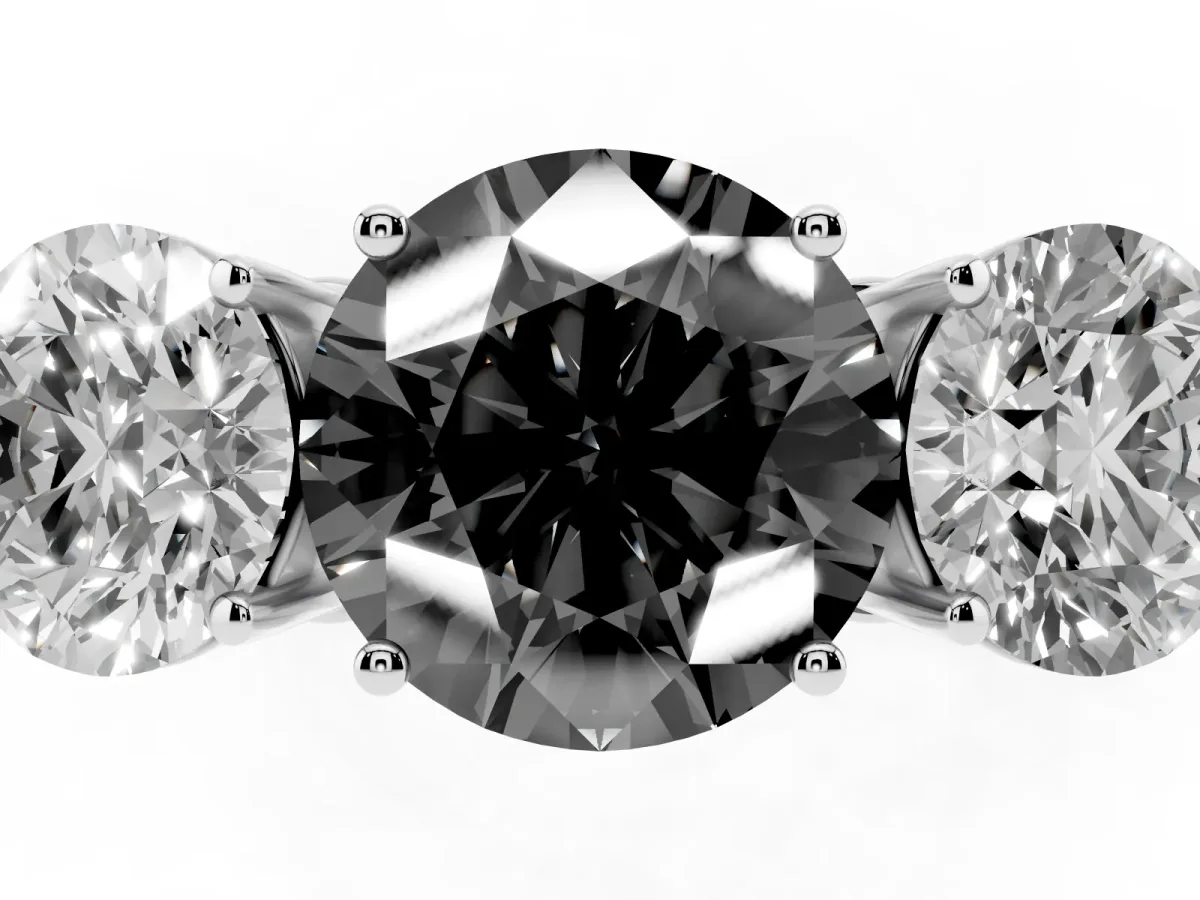 Fancy Black Round Cut Diamond Three-Stone Ring with Prong Setting and Textured Band Silver