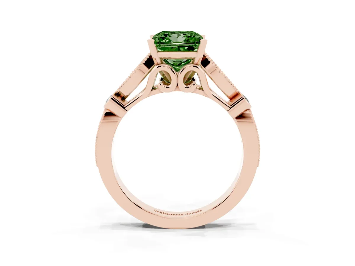 Fancy Green Princess Cut Cut Diamond with Milgrain Marquise and Bezel Accents on a Solitaire Band with Prong Setting Rose gold