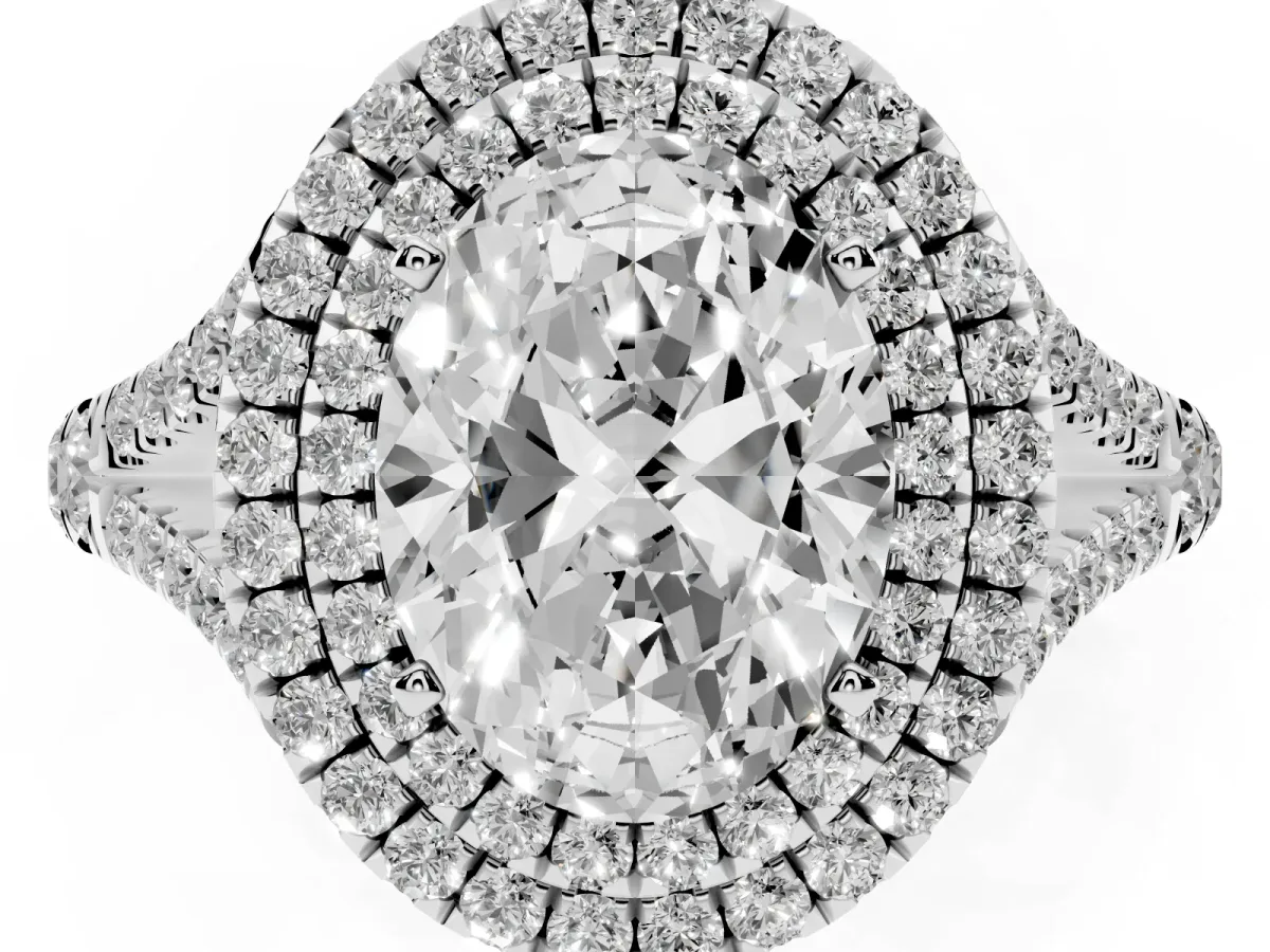 Double Halo Oval Cut Diamond Split Shank Engagement Ring with Four-Prong Setting Silver