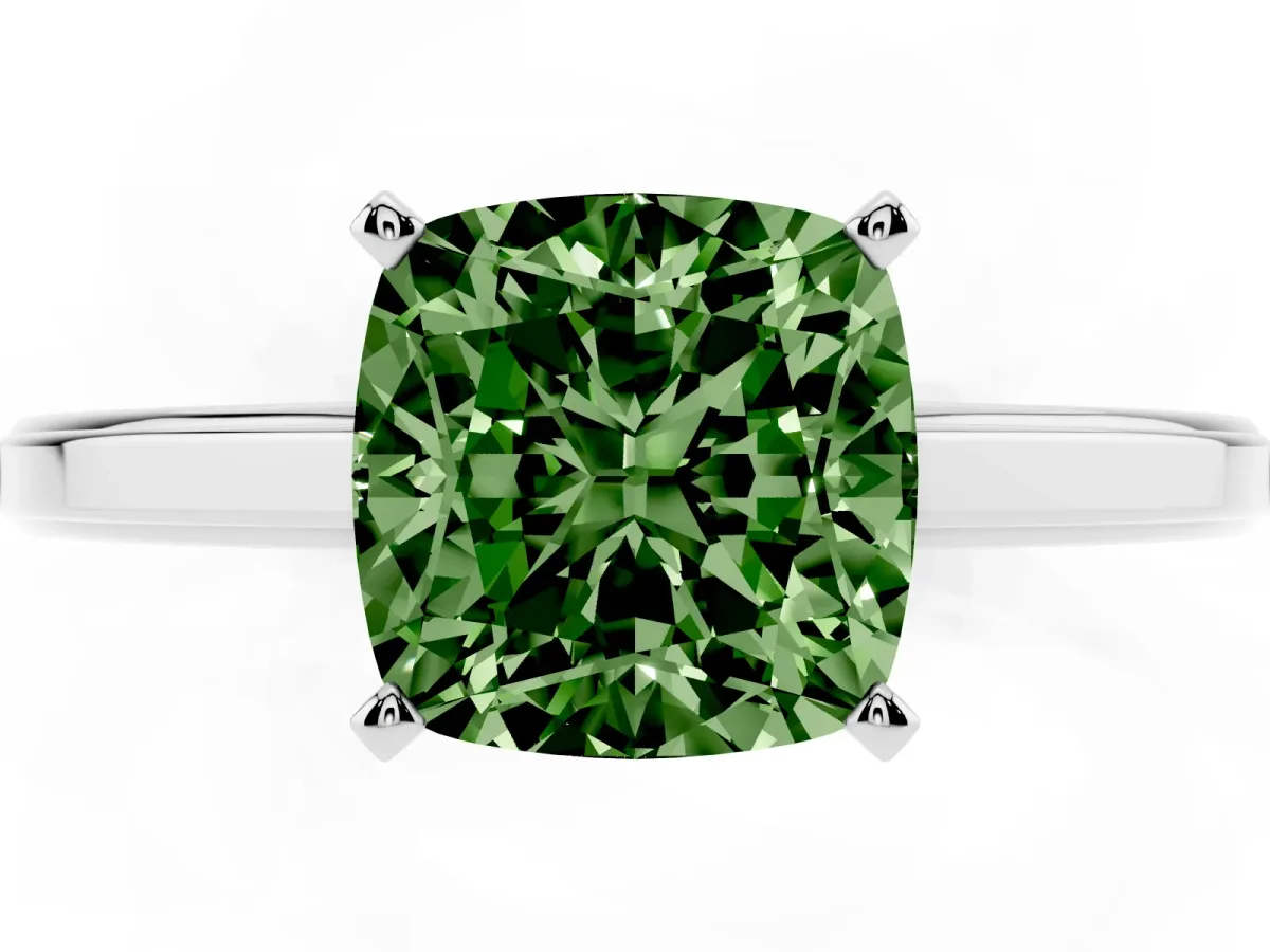 Fancy Green Cushion Cut Solitaire Diamond Ring with Four-Prong Setting and Classic Band Silver