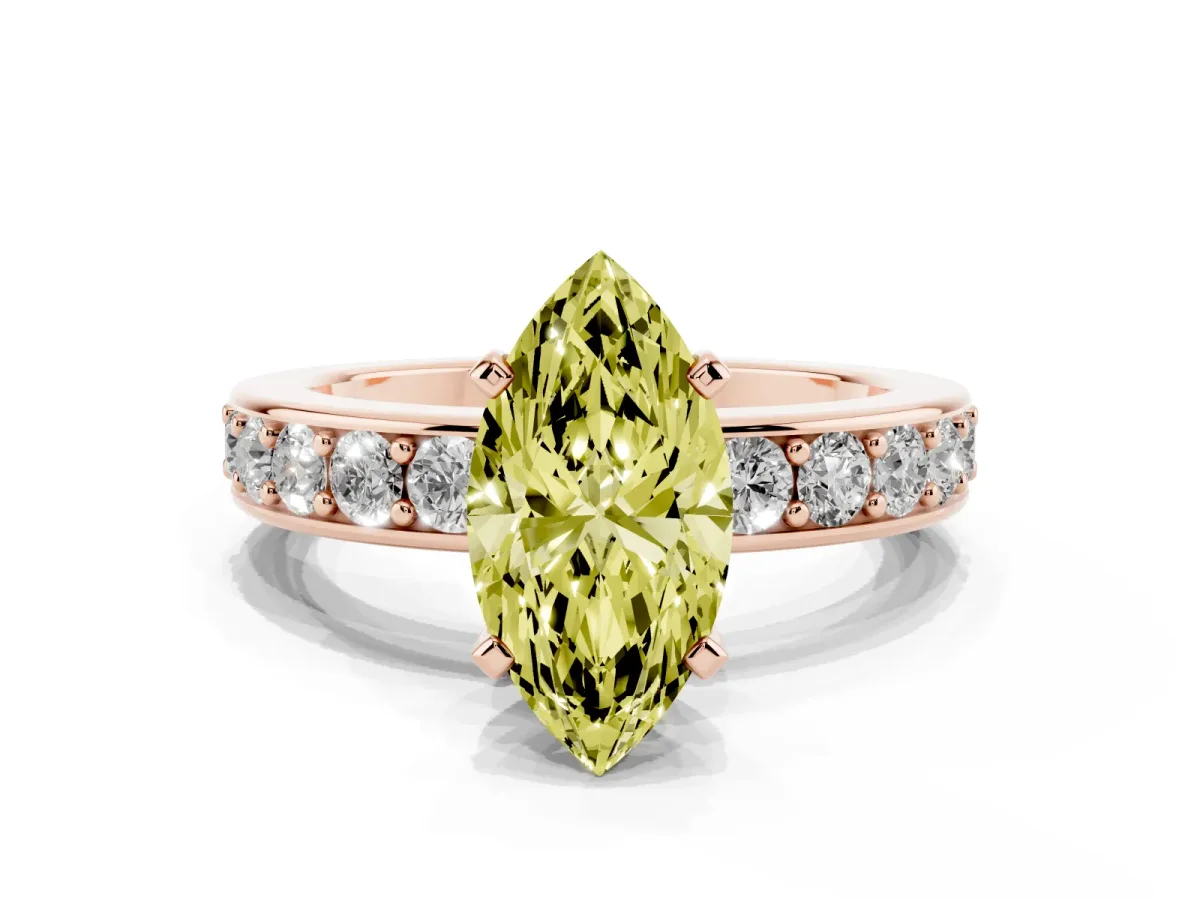 Fancy Yellow Marquise Cut Diamond Engagement Ring with Channel Set Round Band and Prong Setting Rose gold