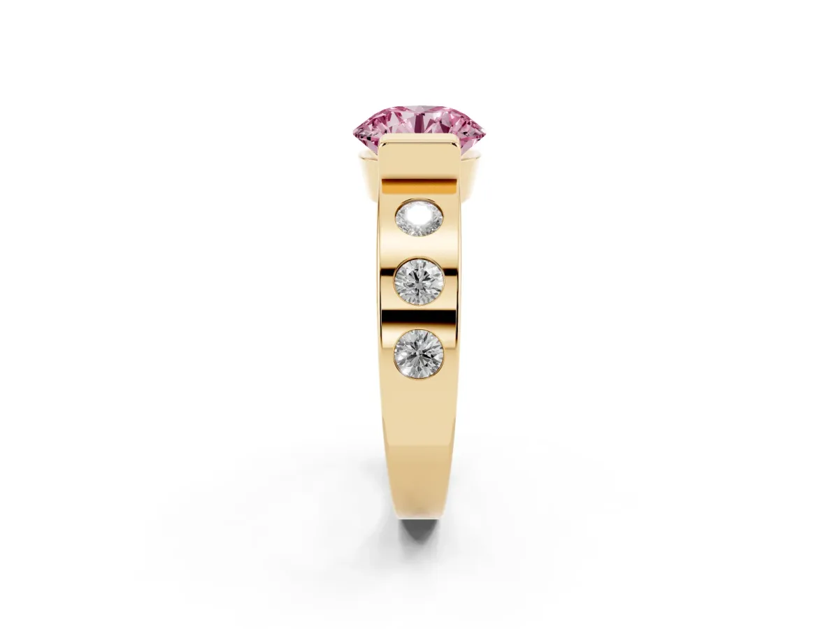 Fancy Pink Round Cut Brilliant Channel-Set Diamond Ring with Bezel Prong Setting Yellow gold