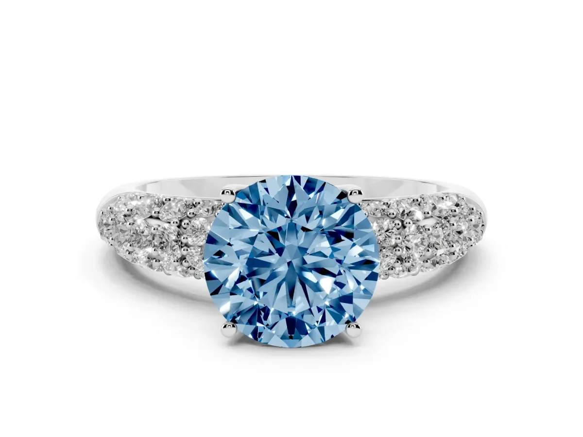 Fancy Blue Round Cut Diamond Pavé Band Solitaire Ring with Four-Prong Setting White gold