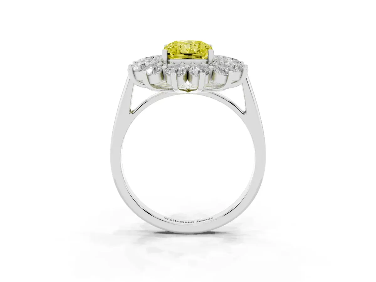 Fancy Yellow Radiant Cut Diamond Floral Double Halo Engagement Ring with Prong Setting Platinum