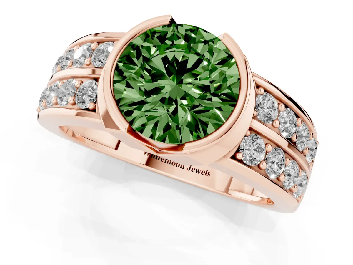 Fancy Green Round Cut Brilliant Diamond Channel Set Wide Band Ring with Bezel Setting Rose gold