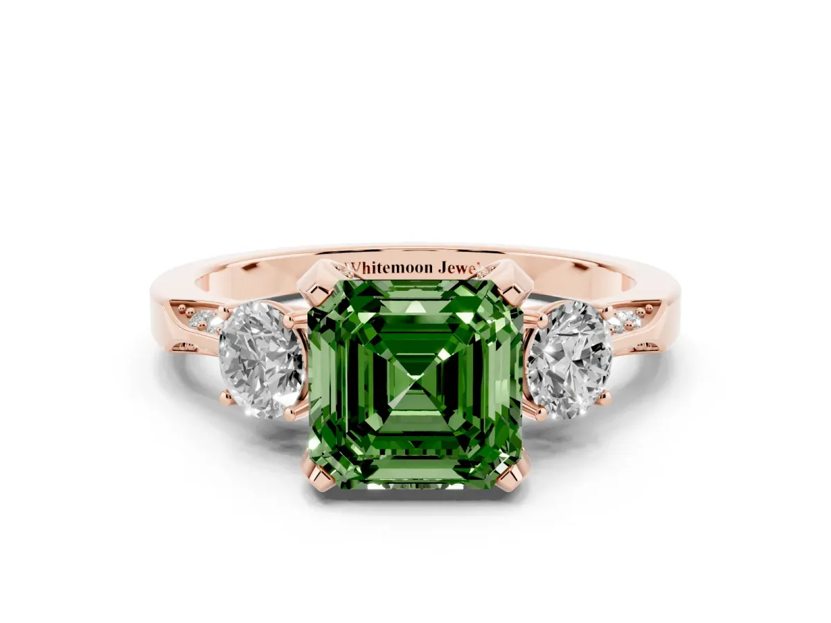 Fancy Green Asscher Cut Brilliant Three-Stone Diamond Ring with Pavé Band and Four-Prong Setting Rose gold